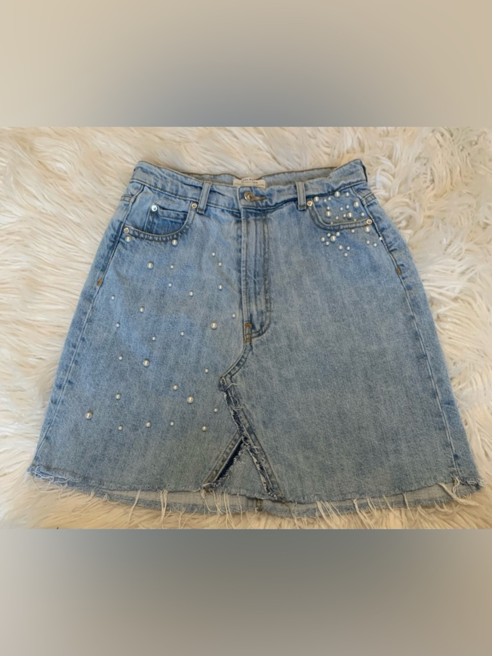 Zara A Line Pearl Embellished Jean Skirt Blue Size Small